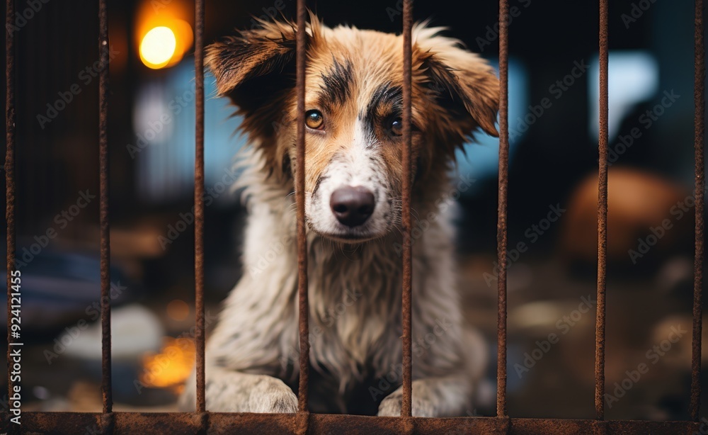 Stray homeless dog in animal shelter cage. Sad abandoned hungry dog ...