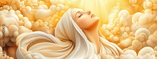 Virgin Mary, clothed in flowing white robes, ascending amidst heavenly clouds, joyful angels,