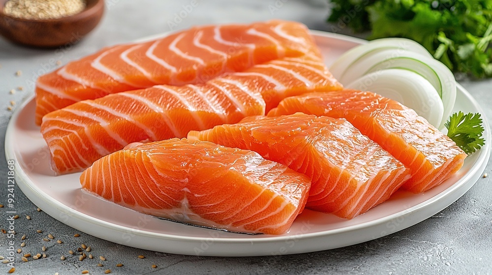 White plate holds salmon slices, seasoning, and parsley White plate holds salmon slices, seasoning, and parsley