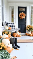 The front porch is beautifully decorated for fall with vibrant mums, pumpkins, and black rain boots, creating a welcoming autumn atmosphere