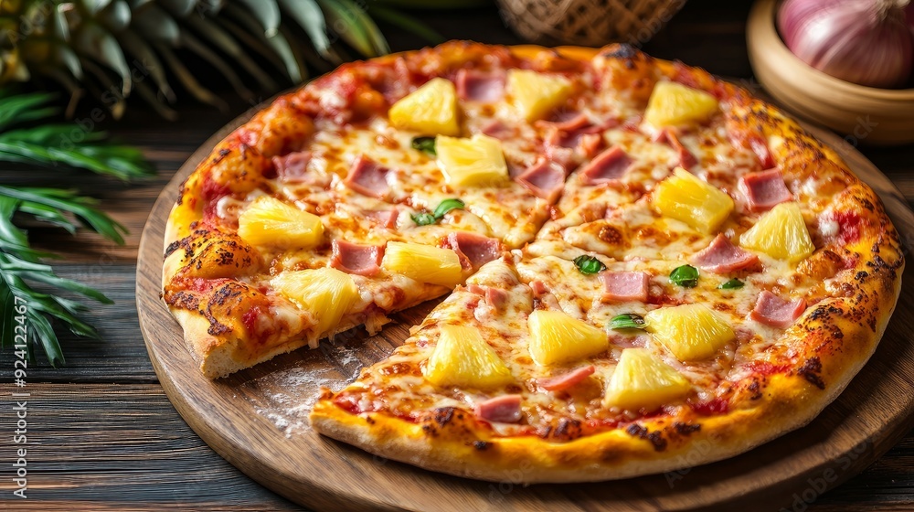 Hawaiian pizza, freshly baked, with ham and pineapple that have been chopped, set against a rustic wooden backdrop. a focused selection. Hawaiian pizza, freshly baked, with ham and pineapple that have been chopped, set against a rustic wooden backdrop. a focused selection.