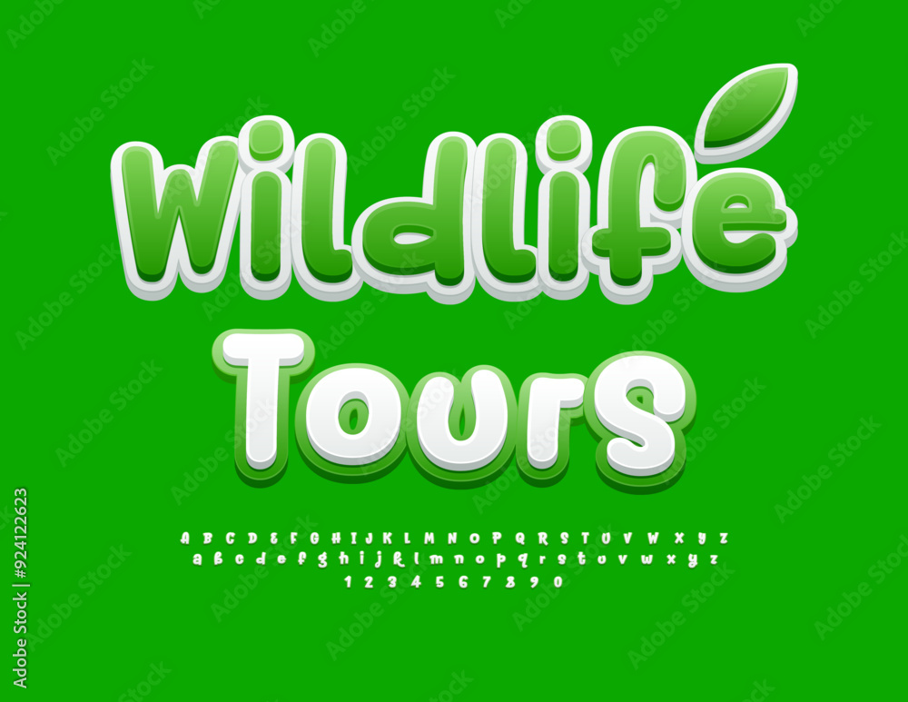 Fototapeta premium Vector funny concept Wildlife Tours. White and Green Handwritten Font. Playful Alphabet Letters and Numbers set.