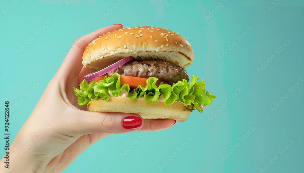 close-up on a hamburger in a female hand on a blue background close-up on a hamburger in a female hand on a blue background