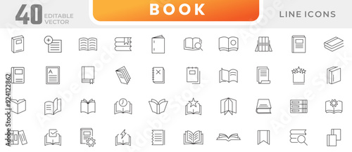Book line icon collection. School, education, various books, literature, dictionary, audiobook, learning, library and e book icons set. UI outline icon pack