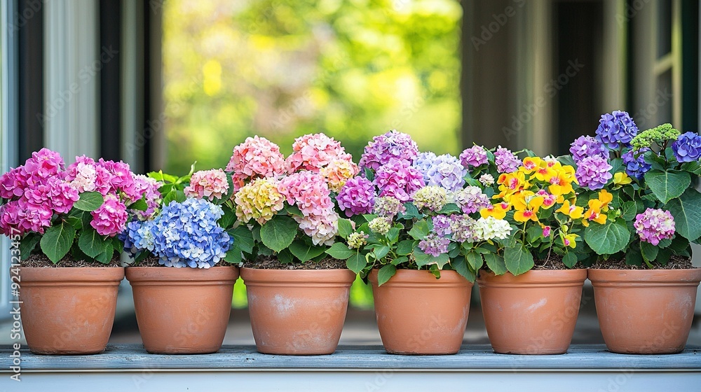Potted flowers on window sill, green tree background Potted flowers on window sill, green tree background