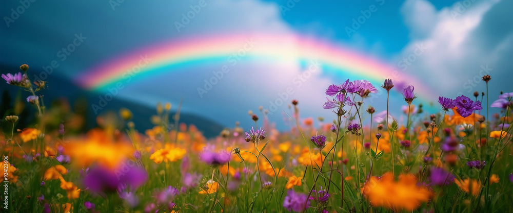 A field of wildflowers with a rainbow arching across the sky after a refreshing rain A field of wildflowers with a rainbow arching across the sky after a refreshing rain