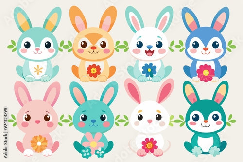 bunny sublimation designs in various styles with flowers vector