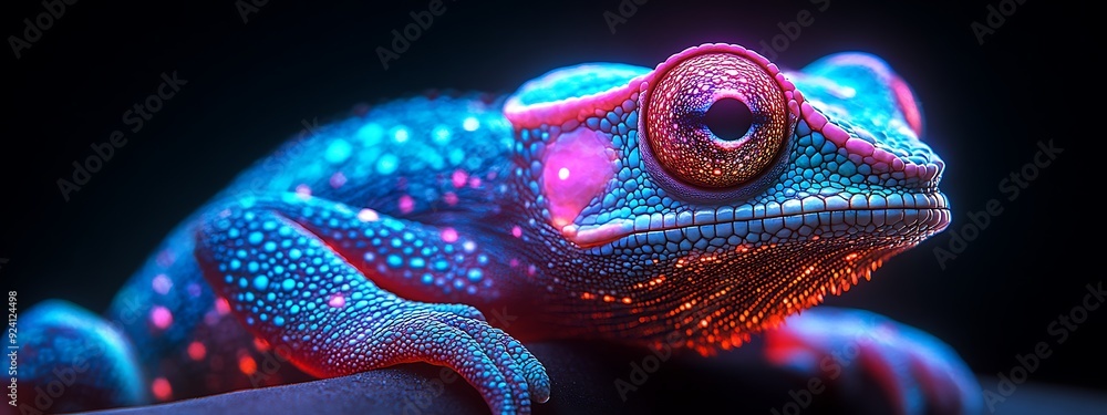 Obraz premium Chameleon with colorful neon retro wave background. synth wave frog. Illustrations design 