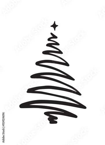 Single line Christmas tree. Hand drawn line art. 
