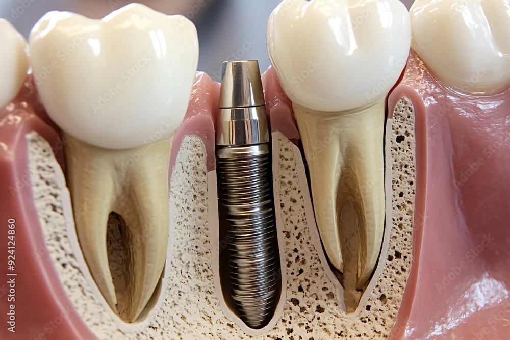 Model of teeth showing an implant being surgically placed into the jaw bone