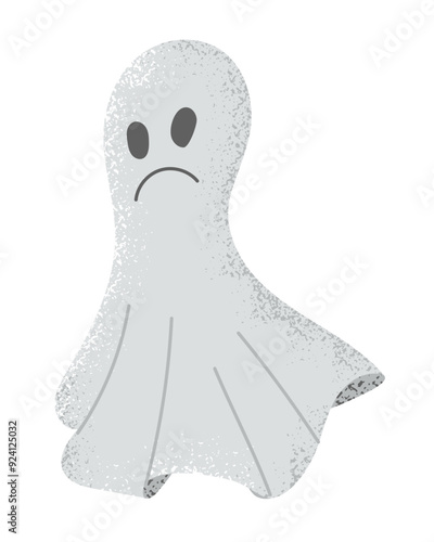 Flat upset hand drawn textured ghost with grunge texture. Scary design for Halloween isolated on white background. Cute ghost drawing