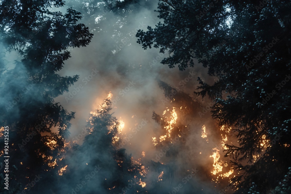 Pine trees burning in a forest fire with flames engulfing the branches and thick smoke obscuring the view Pine trees burning in a forest fire with flames engulfing the branches and thick smoke obscuring the view