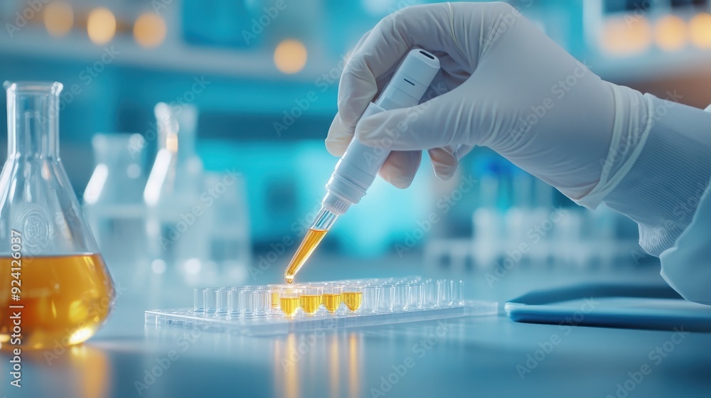 A scientist in a lab using a pipette to transfer liquid into a test plate, representing research and experimentation. A scientist in a lab using a pipette to transfer liquid into a test plate, representing research and experimentation.