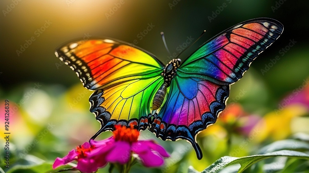 Naklejka premium A vibrant butterfly perched on a blossom amidst a sea of pink and yellow blooms, with a lush green foliage as the backdrop