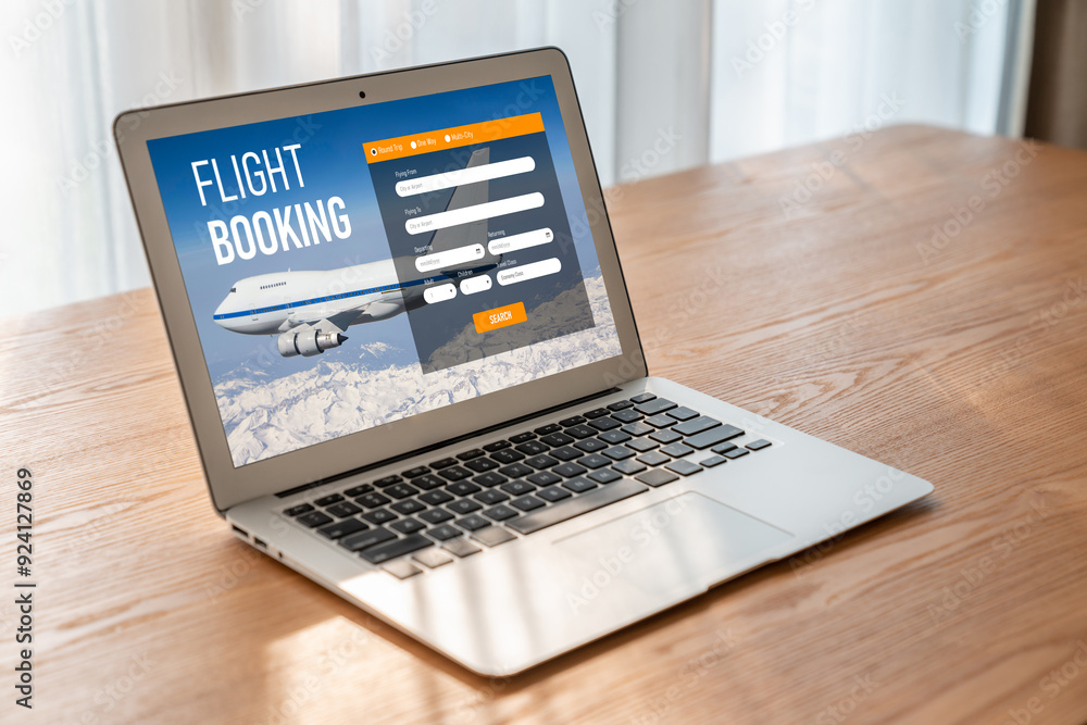 Online flight booking website provide modish reservation system . Travel technology concept . Online flight booking website provide modish reservation system . Travel technology concept .
