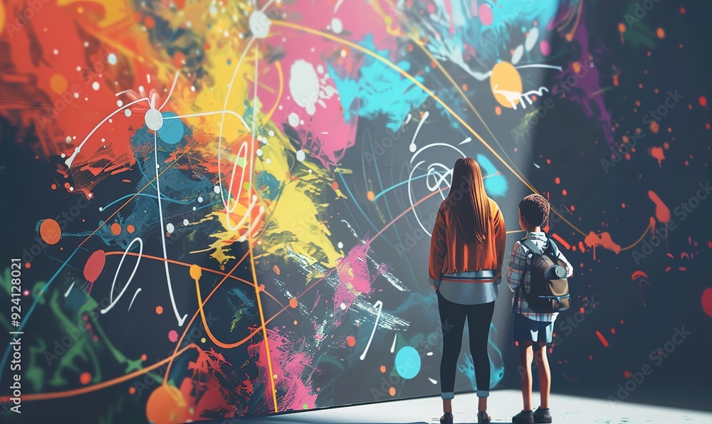 illustration of teacher standing in front of blackboard guiding students in class Generate AI illustration of teacher standing in front of blackboard guiding students in class Generate AI