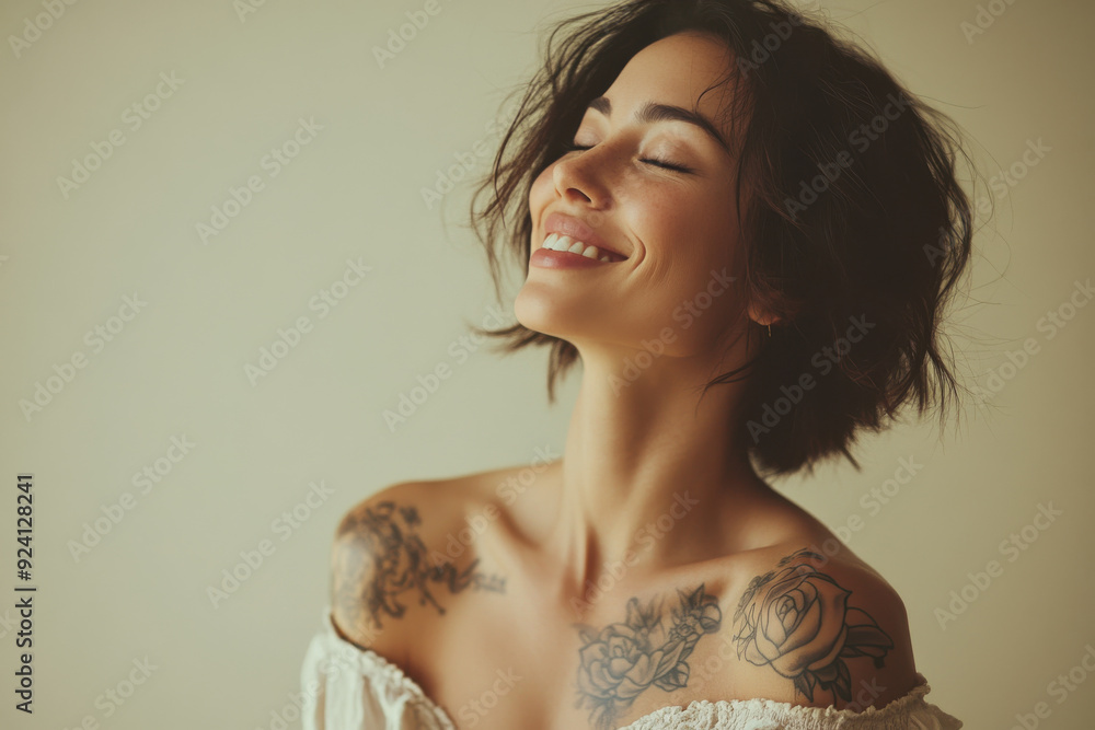 A close up of a woman's face with tattoos and her eyes closed A close up of a woman's face with tattoos and her eyes closed