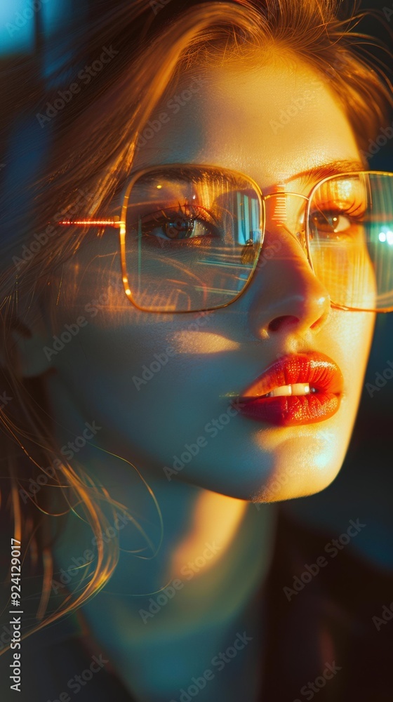 A close-up portrait of a woman wearing sunglasses with a warm glow behind her. AI. A close-up portrait of a woman wearing sunglasses with a warm glow behind her. AI.