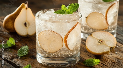 Wallpaper Mural   Close-up of glass water with apple & mint on wooden table Torontodigital.ca