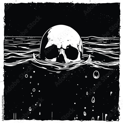  Black and white print of a skull partially submerged in water.
