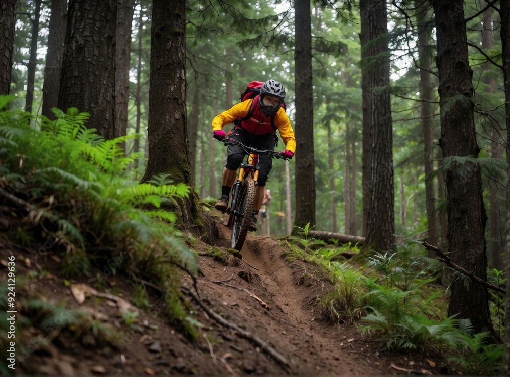 A mountain biker rides down a forest trail. AI. A mountain biker rides down a forest trail. AI.