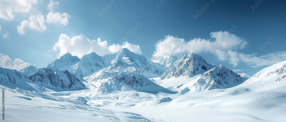 Obraz premium Majestic Snow-Covered Mountain Peaks Against a Clear Blue Sky with Fluffy Clouds