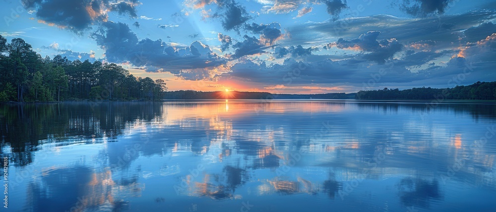 Majestic Dusk: Dramatic Cloudscape Reflections on Serene Lake Majestic Dusk: Dramatic Cloudscape Reflections on Serene Lake