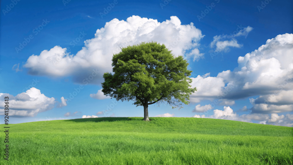 Obraz premium A single tree stands on a grassy hill under a clear blue sky and clouds natural background, solitude zen relax tree isolated various design