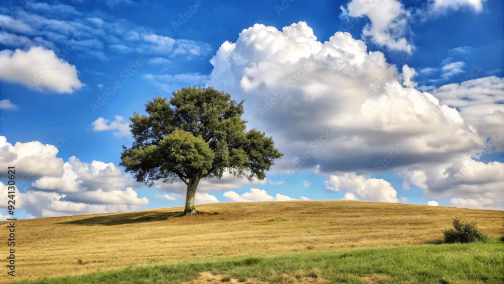 A single tree stands on a grassy hill under a clear blue sky and clouds natural background, solitude zen relax tree isolated various design A single tree stands on a grassy hill under a clear blue sky and clouds natural background, solitude zen relax tree isolated various design
