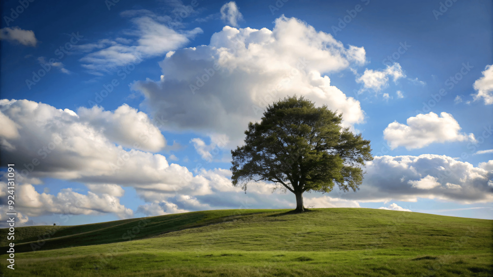 Obraz premium A single tree stands on a grassy hill under a clear blue sky and clouds natural background, solitude zen relax tree isolated various design