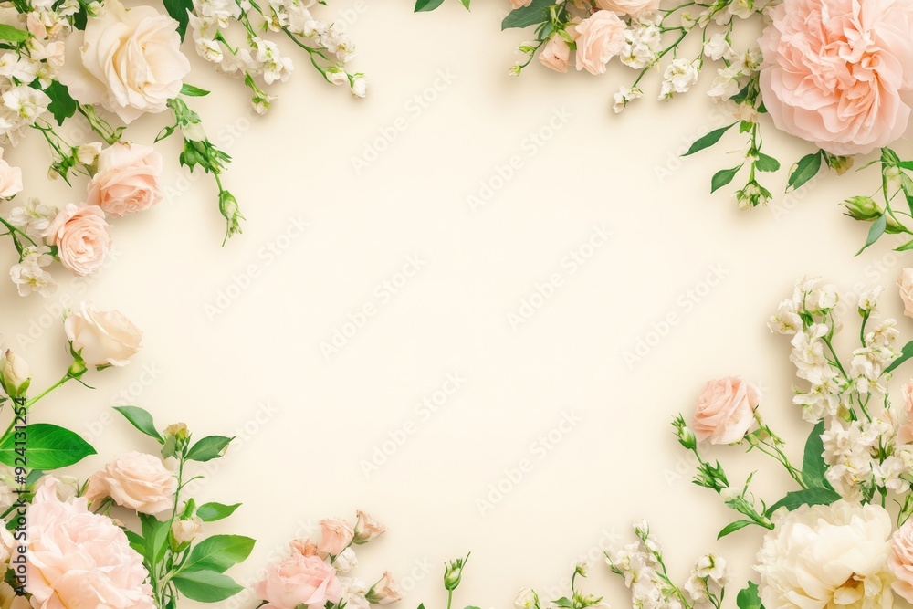 Elegant floral border with vibrant flowers lush greenery on light background. Ideal for decorative designs wedding invitations or romantic designs valentines day, mother's day, women's day Elegant floral border with vibrant flowers lush greenery on light background. Ideal for decorative designs wedding invitations or romantic designs valentines day, mother's day, women's day