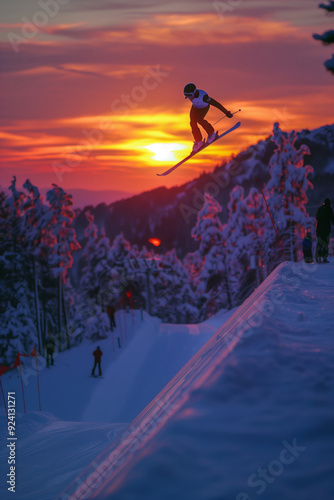 Dynamic Ski Jumper Soars Against a Stunning Sunset Over Mountain Range