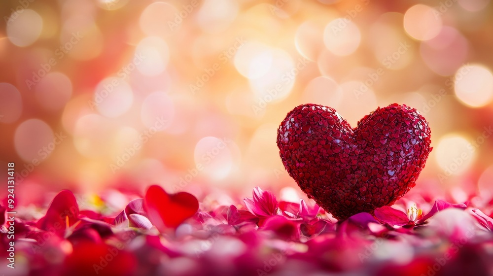 Red heart on a bed of pink rose petals with a warm, glowing background, symbolizing love, romance, and affection. Red heart on a bed of pink rose petals with a warm, glowing background, symbolizing love, romance, and affection.