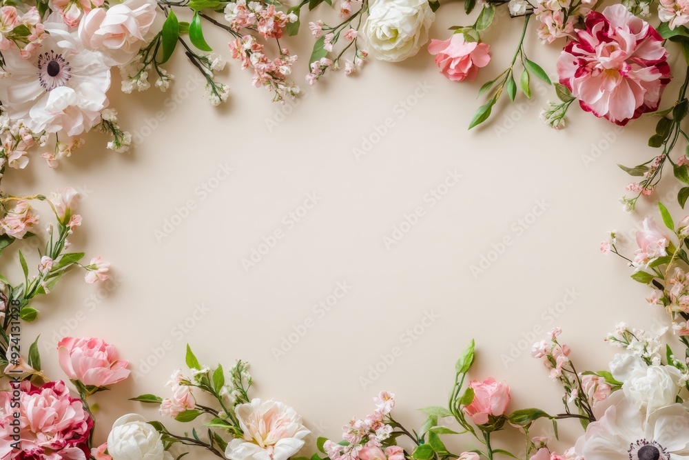 Obraz premium Elegant floral border with vibrant flowers lush greenery on light background. Ideal for decorative designs wedding invitations or romantic designs valentines day, mother's day, women's day