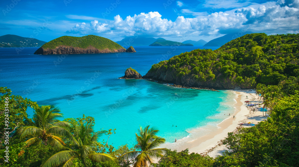 Tropical beach with turquoise water, lush greenery, and mountains in the background, capturing the essence of paradise. Tropical beach with turquoise water, lush greenery, and mountains in the background, capturing the essence of paradise.