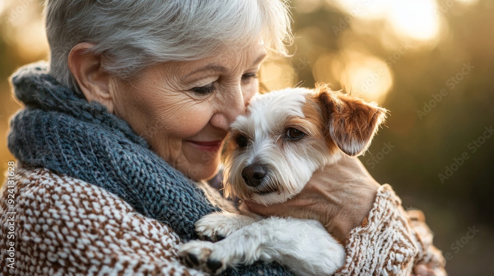 Portrait of a senior woman smiling at the beach with her dog Portrait of a senior woman smiling at the beach with her dog