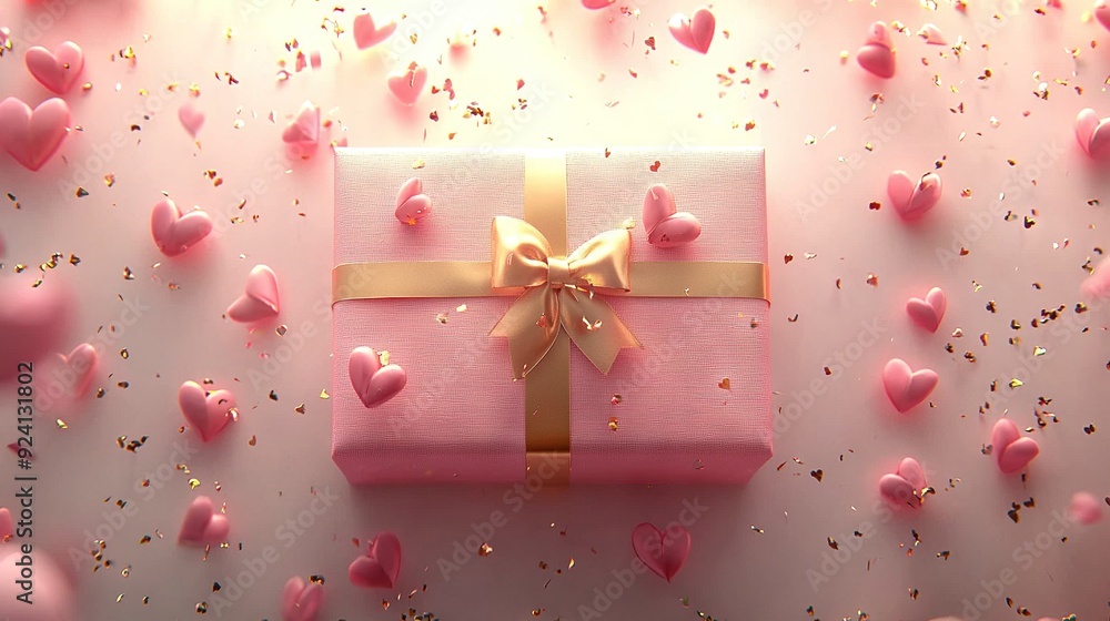 Pink gift box with gold ribbon, bow, and confetti Pink gift box with gold ribbon, bow, and confetti