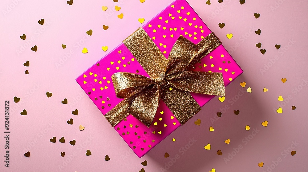 Pink gift box with gold bow on pink background & heart confetti Pink gift box with gold bow on pink background & heart confetti