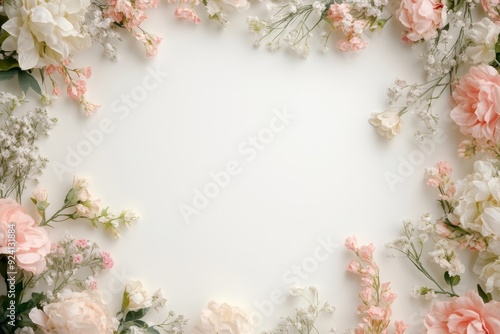 Elegant floral border with vibrant flowers lush greenery on light background. Ideal for decorative designs wedding invitations or romantic designs valentines day, mother's day, women's day