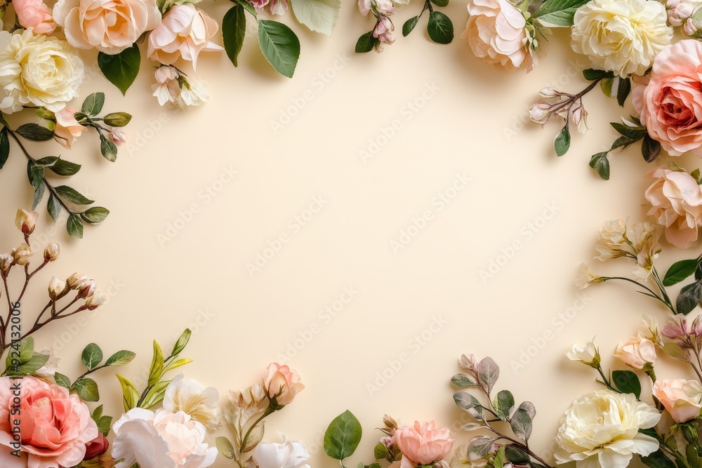 Elegant floral border with vibrant flowers lush greenery on light background. Ideal for decorative designs wedding invitations or romantic designs valentines day, mother's day, women's day Elegant floral border with vibrant flowers lush greenery on light background. Ideal for decorative designs wedding invitations or romantic designs valentines day, mother's day, women's day