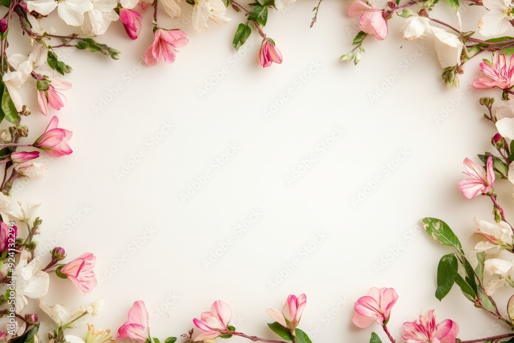 Elegant floral border with vibrant flowers lush greenery on light background. Ideal for decorative designs wedding invitations or romantic designs valentines day, mother's day, women's day Elegant floral border with vibrant flowers lush greenery on light background. Ideal for decorative designs wedding invitations or romantic designs valentines day, mother's day, women's day