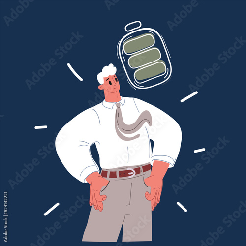 Cartoon vector illustration of Man full energy battery. Businessman of office man over dark background