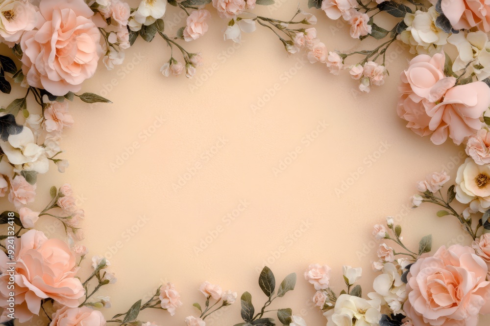 Elegant floral border with vibrant flowers lush greenery on light background. Ideal for decorative designs wedding invitations or romantic designs valentines day, mother's day, women's day Elegant floral border with vibrant flowers lush greenery on light background. Ideal for decorative designs wedding invitations or romantic designs valentines day, mother's day, women's day
