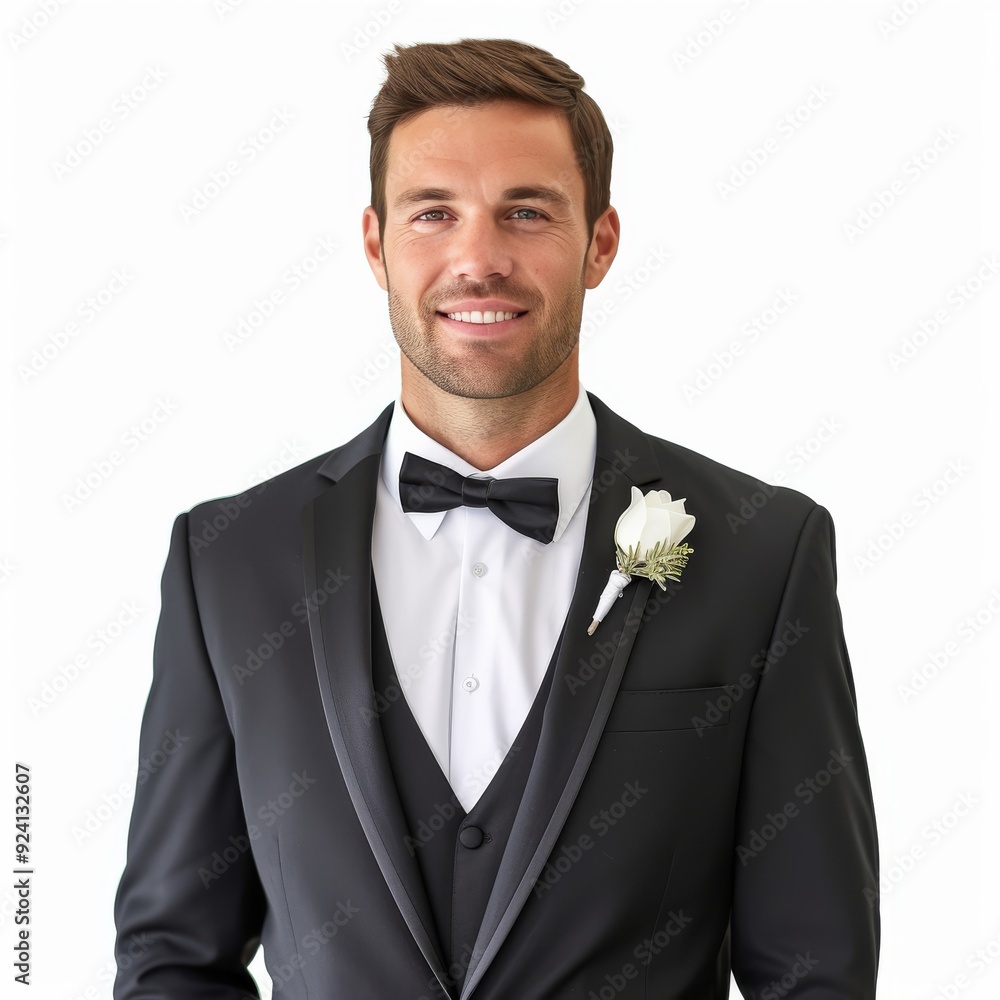 Handsome Groom in Elegant Black Tuxedo with Bow Tie on Wedding Day Handsome Groom in Elegant Black Tuxedo with Bow Tie on Wedding Day