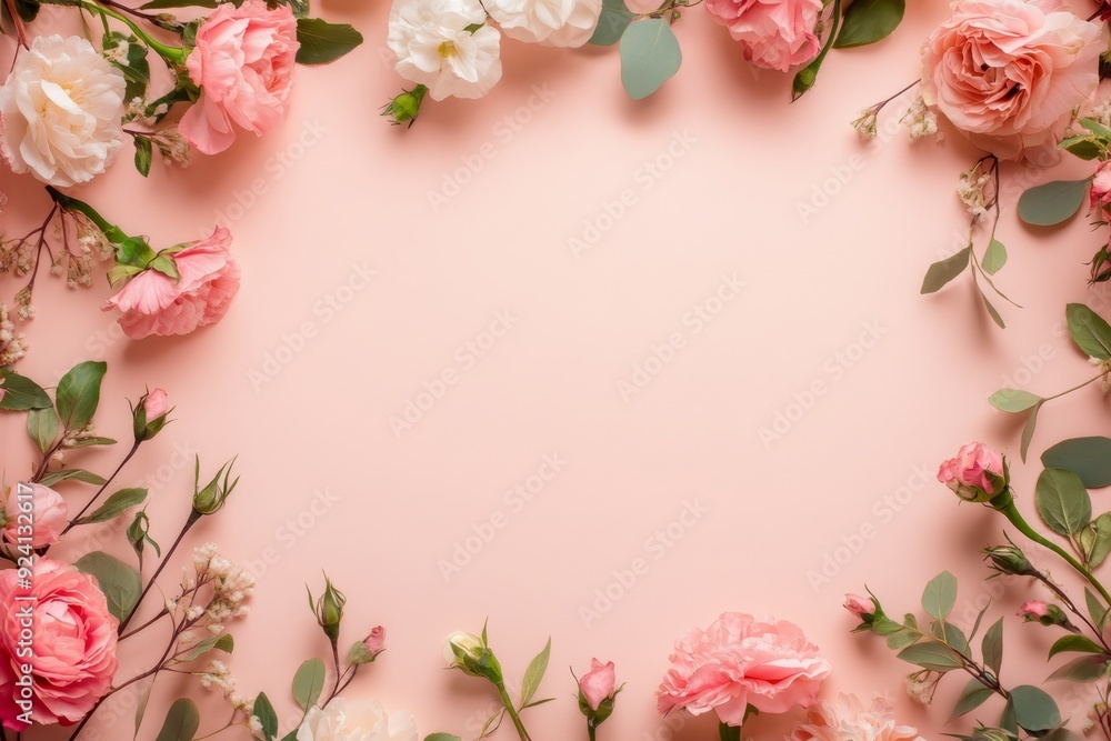 Elegant floral border with vibrant flowers lush greenery on light background. Ideal for decorative designs wedding invitations or romantic designs valentines day, mother's day, women's day Elegant floral border with vibrant flowers lush greenery on light background. Ideal for decorative designs wedding invitations or romantic designs valentines day, mother's day, women's day