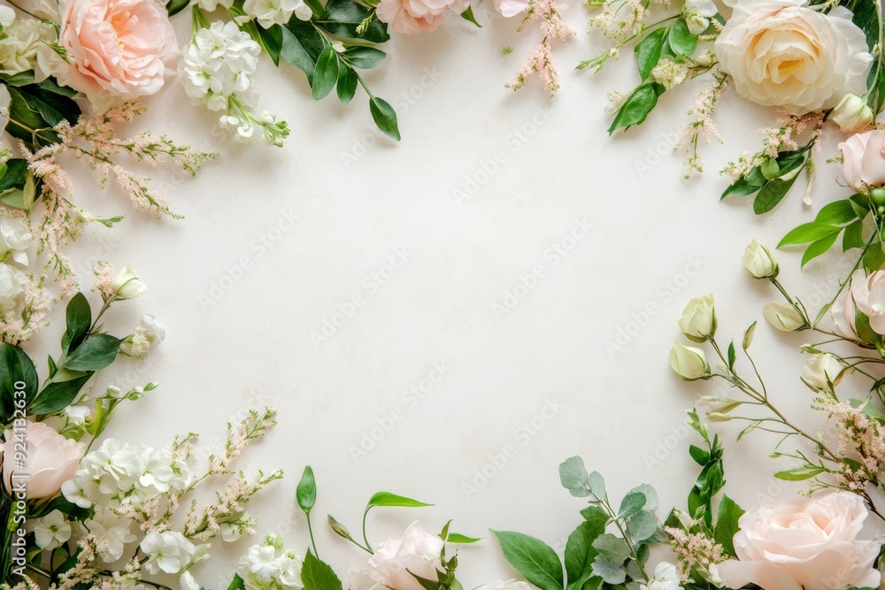 Elegant floral border with vibrant flowers lush greenery on light background. Ideal for decorative designs wedding invitations or romantic designs valentines day, mother's day, women's day Elegant floral border with vibrant flowers lush greenery on light background. Ideal for decorative designs wedding invitations or romantic designs valentines day, mother's day, women's day