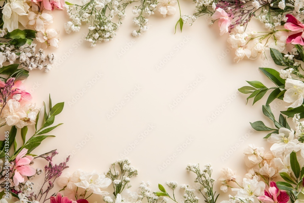 Elegant floral border with vibrant flowers lush greenery on light background. Ideal for decorative designs wedding invitations or romantic designs valentines day, mother's day, women's day Elegant floral border with vibrant flowers lush greenery on light background. Ideal for decorative designs wedding invitations or romantic designs valentines day, mother's day, women's day