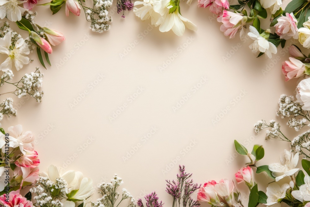 Elegant floral border with vibrant flowers lush greenery on light background. Ideal for decorative designs wedding invitations or romantic designs valentines day, mother's day, women's day Elegant floral border with vibrant flowers lush greenery on light background. Ideal for decorative designs wedding invitations or romantic designs valentines day, mother's day, women's day