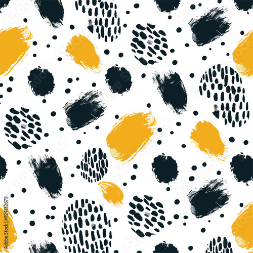 Seamless pattern with rough painted dots in black and yellow on white.
