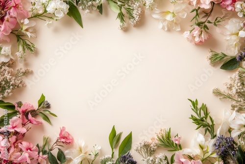 Elegant floral border with vibrant flowers lush greenery on light background. Ideal for decorative designs wedding invitations or romantic designs valentines day, mother's day, women's day